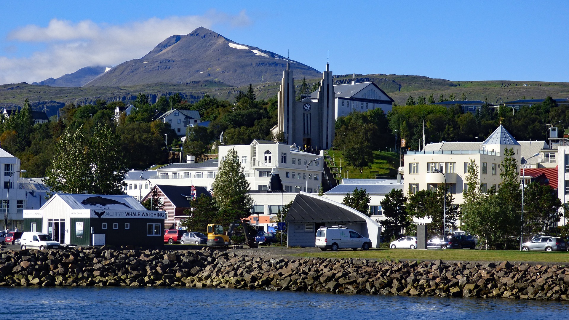 Akureyri, church, buildings, houses, blue sky
