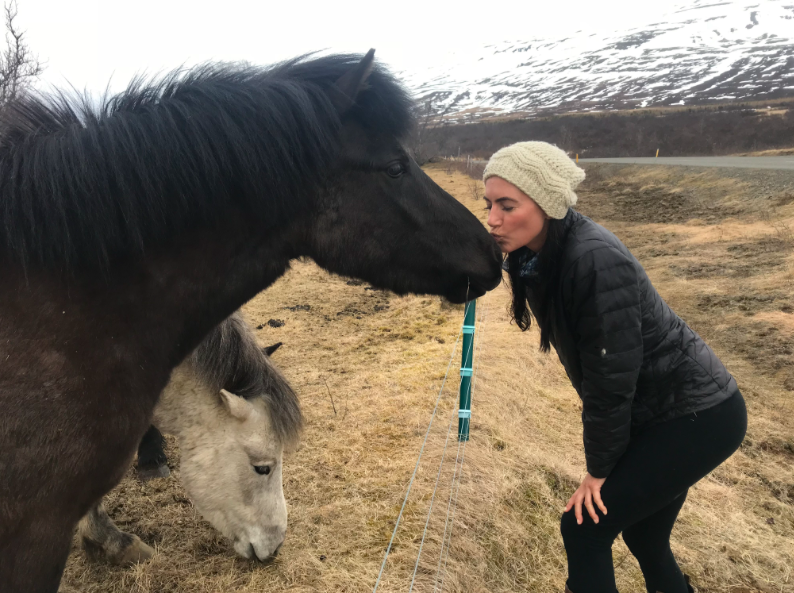 a woman kissing a horse in iceland