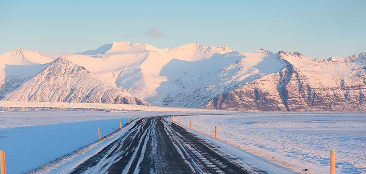 ring road in winter in iceland, snow, road, and mountains