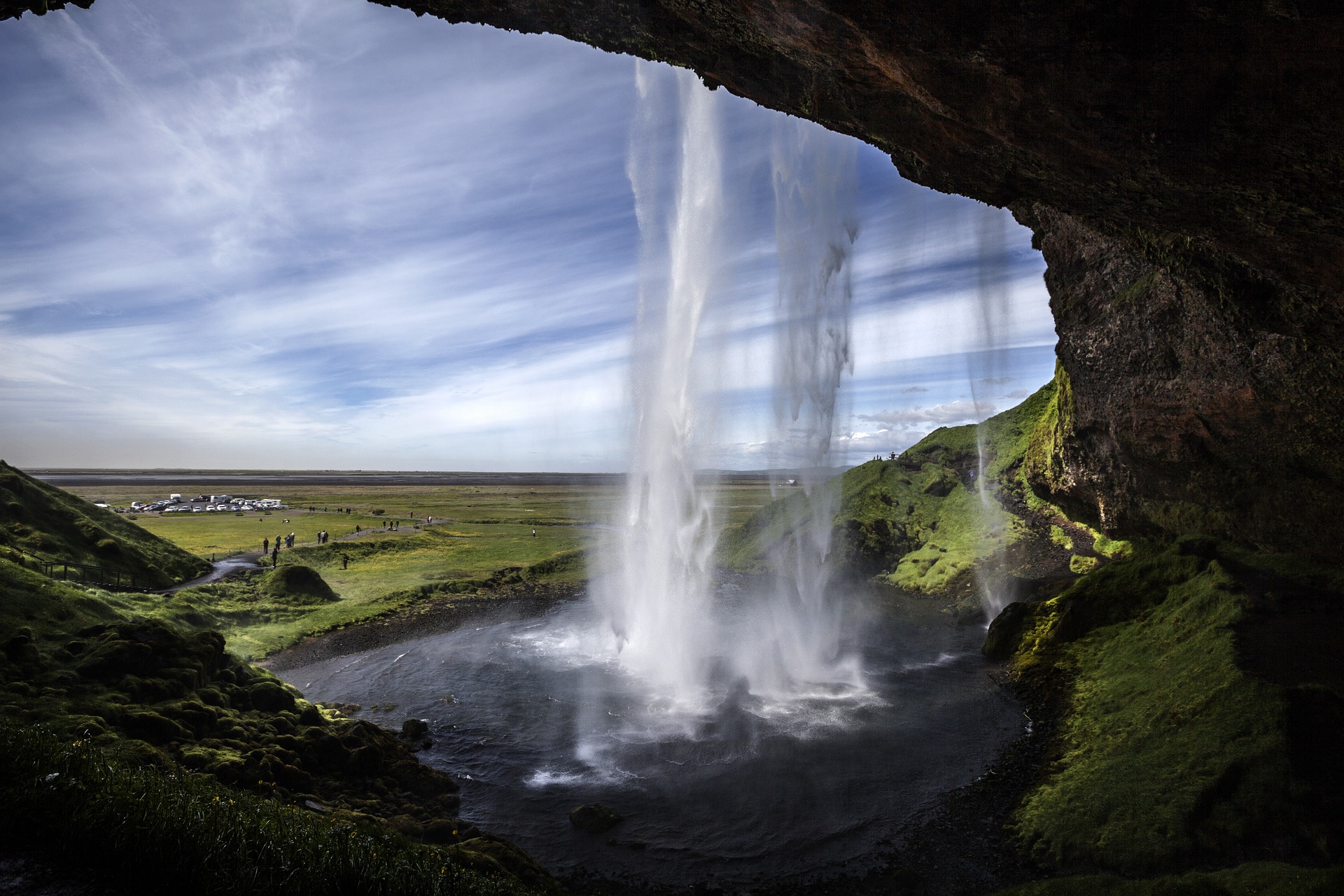 Seljalandsfoss from behing the fall in summer